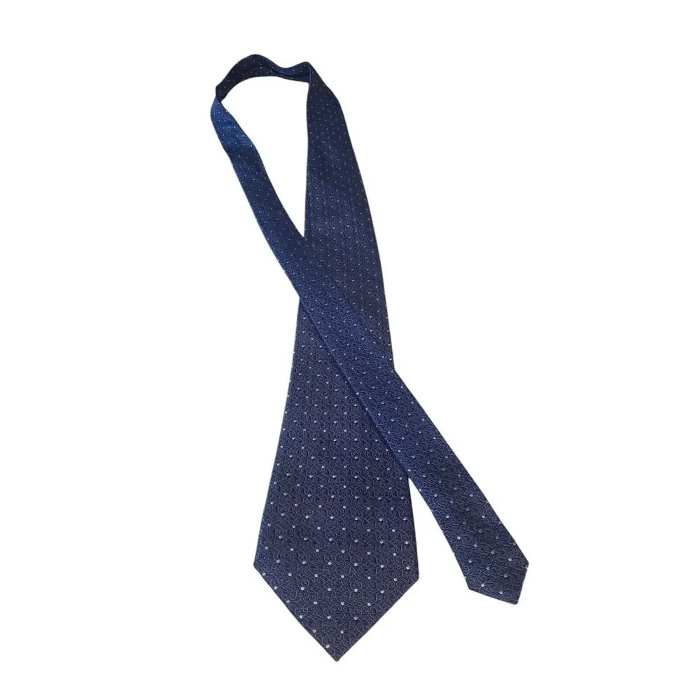 Sean John Mens‎ Tie Necktie Fine Tailoring Blue White Scroll Print Polka Dot
